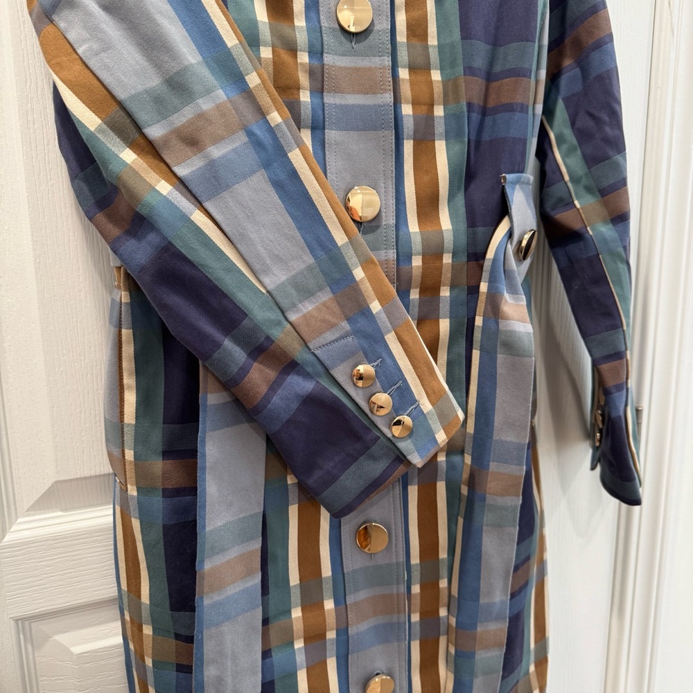 CAbi Multicolor Plaid Trench Coat w/ Gold Buttons - Picture 4 of 9